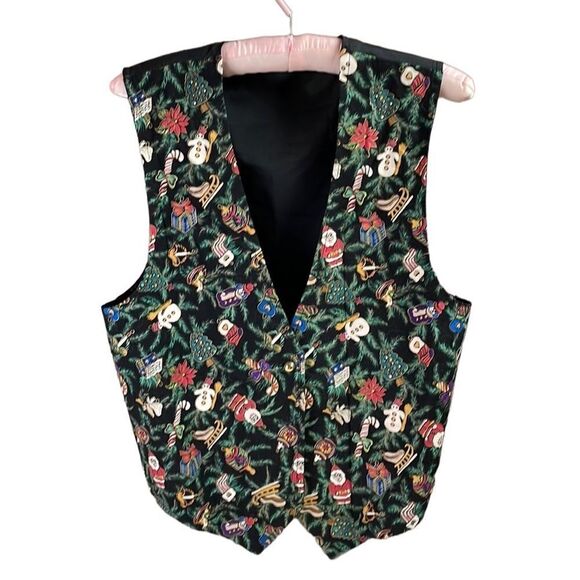 Vintage Holiday Christmas Womens Vest Large Santa & Snowmen Print Vintage - Picture 2 of 6